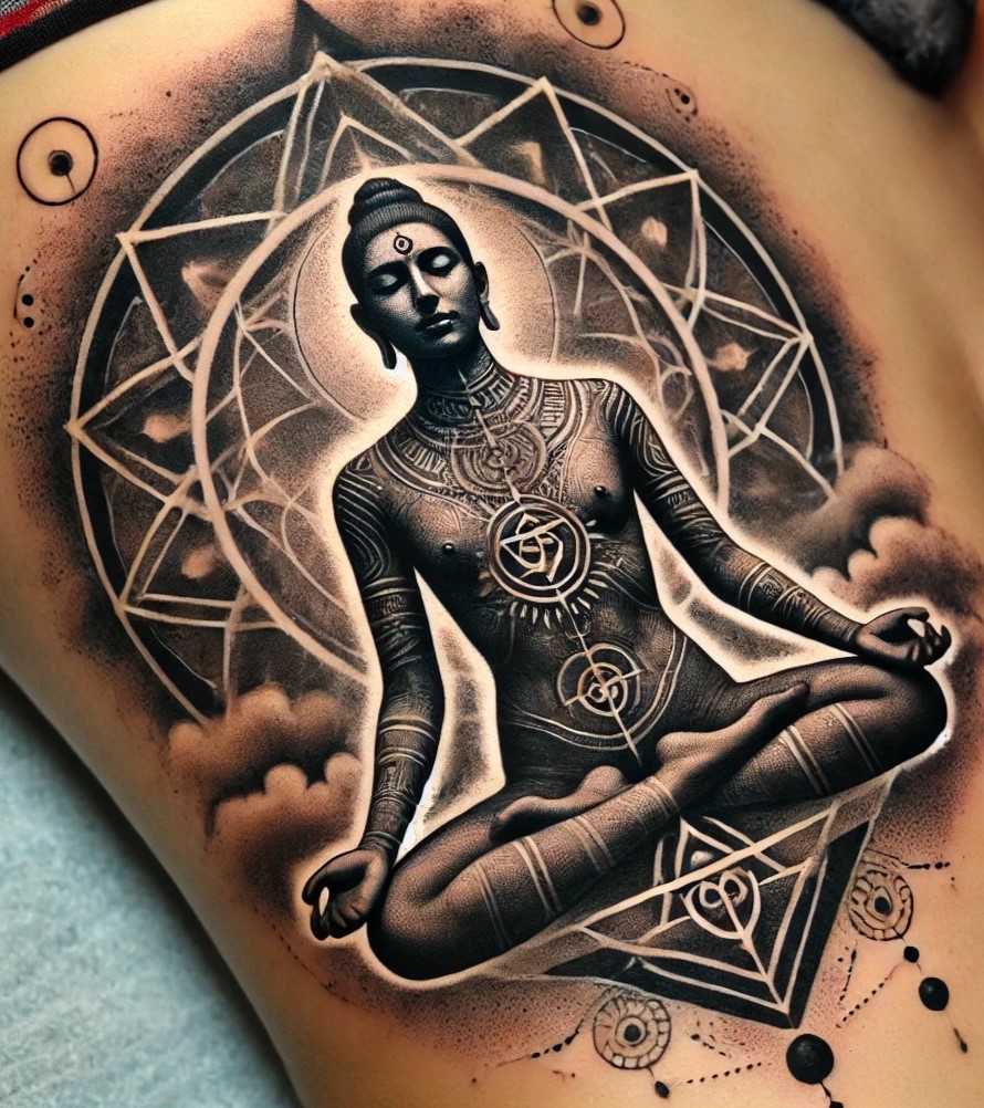 DALL·E 2024 12 05 16.30.57 A hyper realistic tattoo featuring a meditating figure in a lotus position surrounded by geometric patterns and mystical symbols. The design is in bl1 1 Men's Tattoo