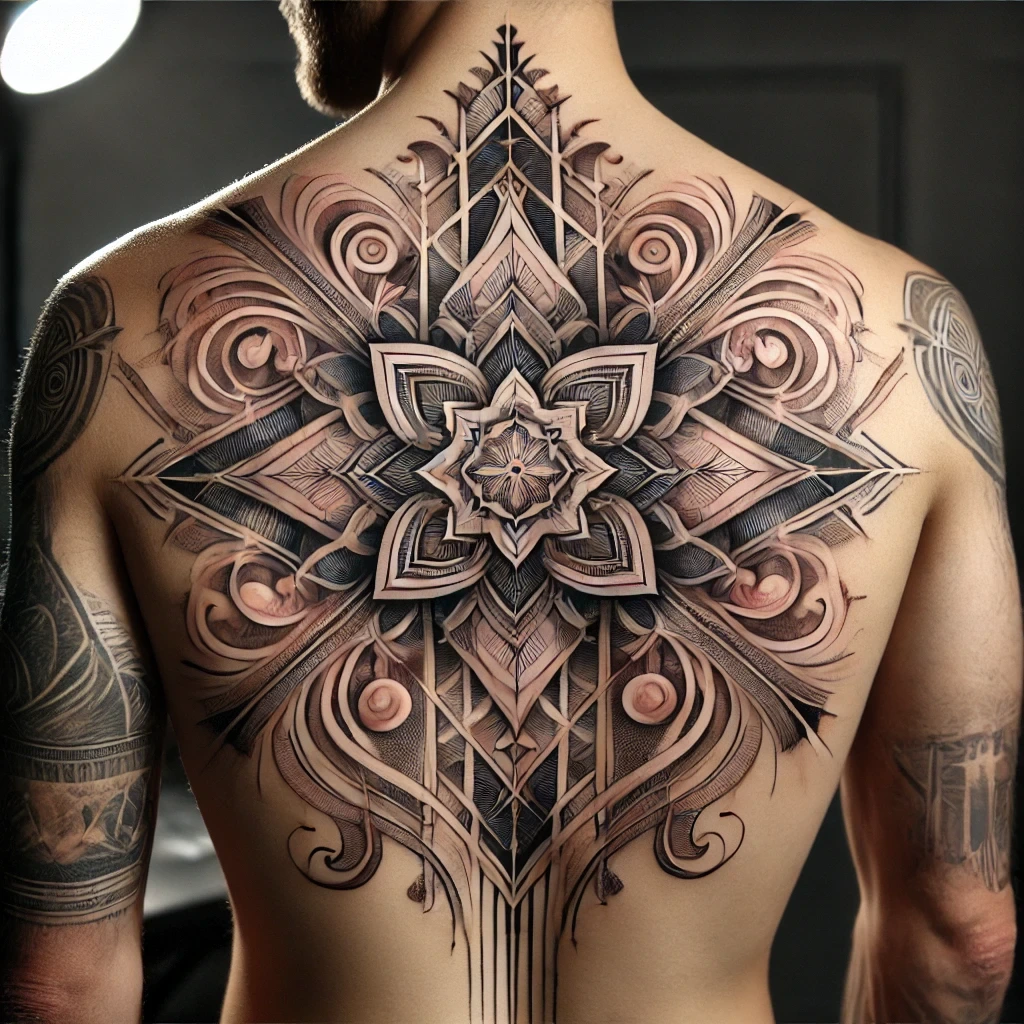 DALL·E 2024 12 06 12.24.18 A hyper realistic tattoo design on a mans back featuring an intricate and elegant composition. The design includes a symmetrical central motif with Men's Tattoo