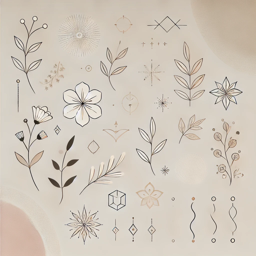 DALL·E 2024 12 12 11.53.19 A minimalist tattoo themed artwork designed for women featuring elegant and simple tattoo designs like delicate flowers geometric patterns and smal