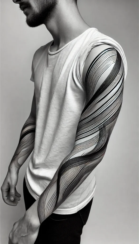 DALL·E 2024 12 14 21.51.30 A minimalistic and realistic sleeve tattoo design focusing on clean flowing lines. The design incorporates abstract linear patterns that wrap elegant Men's Tattoo